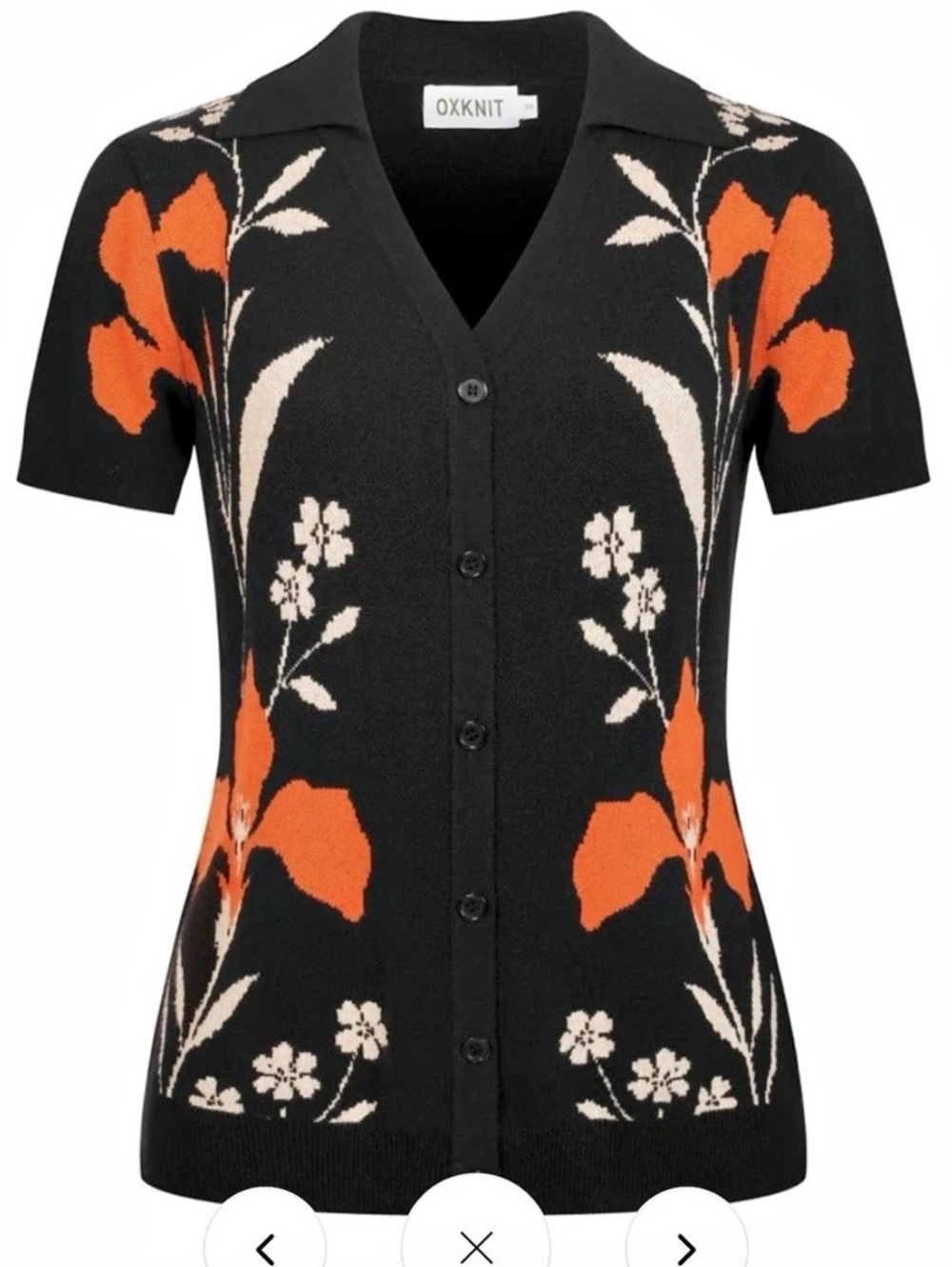 OXKNIT 60s Floral Knit Button Front Top in Black & Orange Like New